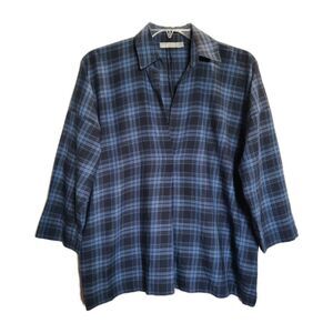 Vince Coastal Blue Plaid Oversized Split V-Neck Pop Over Lightweight Blouse Sz S